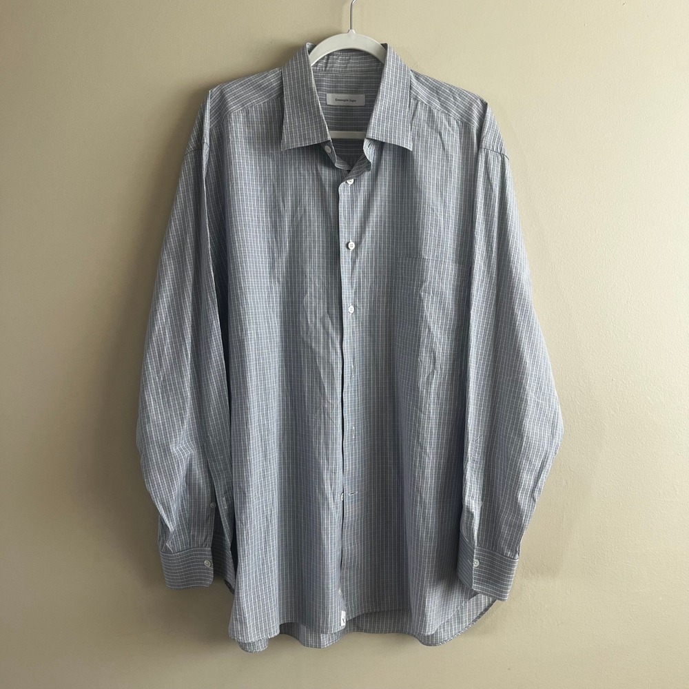 Ermenegildo Zegna Mens Comfort Fit Micro Check Button Down Shirt Blue White